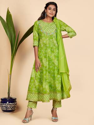 Bandhani Print & Embroidered Anarkali Cotton Parrot Green Stitched Kurta Pant With Dupatta 2