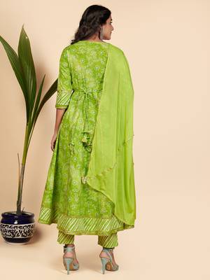 Bandhani Print & Embroidered Anarkali Cotton Parrot Green Stitched Kurta Pant With Dupatta 3