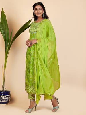 Bandhani Print & Embroidered Anarkali Cotton Parrot Green Stitched Kurta Pant With Dupatta 4