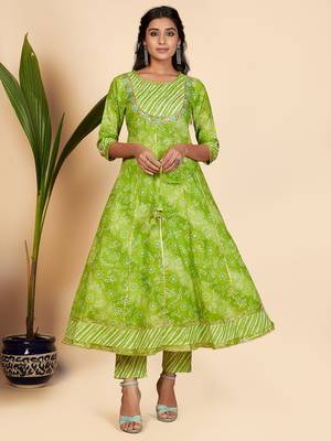 Bandhani Print & Embroidered Anarkali Cotton Parrot Green Stitched Kurta Pant With Dupatta 5