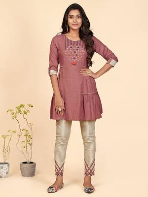 Embroidered Flared Cotton Pink Stitched Top With Pant 1