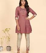 Embroidered Flared Cotton Pink Stitched Top With Pant
