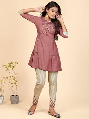 Embroidered Flared Cotton Pink Stitched Top With Pant 2