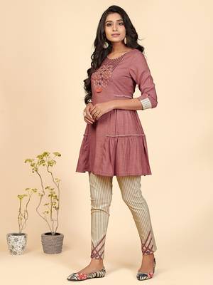 Embroidered Flared Cotton Pink Stitched Top With Pant 4