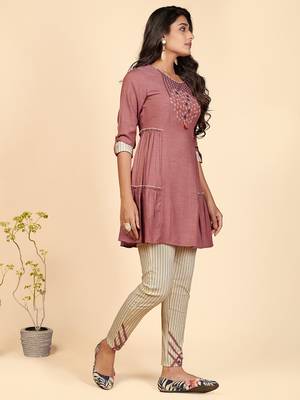 Embroidered Flared Cotton Pink Stitched Top With Pant 5