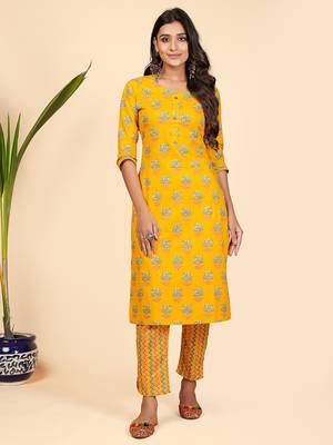 Printed & Embroidered Straight Cotton Yellow Stitched Kurta With Pant 1