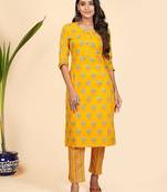 Printed & Embroidered Straight Cotton Yellow Stitched Kurta With Pant
