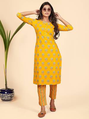 Printed & Embroidered Straight Cotton Yellow Stitched Kurta With Pant 2