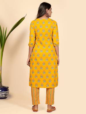Printed & Embroidered Straight Cotton Yellow Stitched Kurta With Pant 3