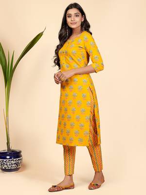 Printed & Embroidered Straight Cotton Yellow Stitched Kurta With Pant 4