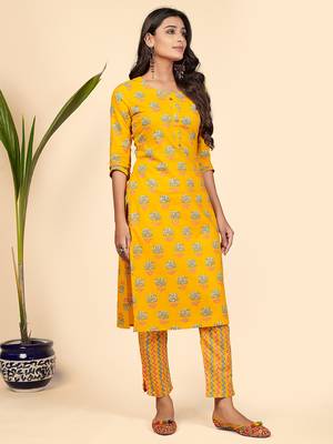 Printed & Embroidered Straight Cotton Yellow Stitched Kurta With Pant 5