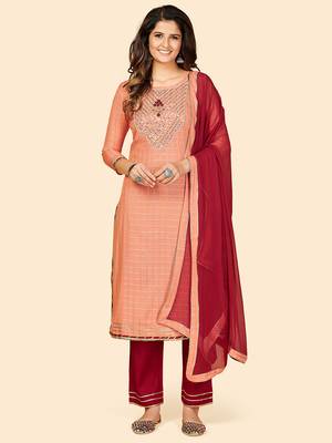 Mirror & Beads Work Straight Rayon Orange Stitched Kurta Pant With Dupatta 1