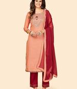 Mirror & Beads Work Straight Rayon Orange Stitched Kurta Pant With Dupatta