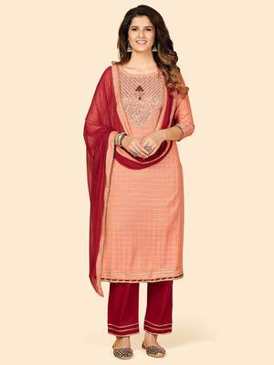 Mirror & Beads Work Straight Rayon Orange Stitched Kurta Pant With Dupatta 2