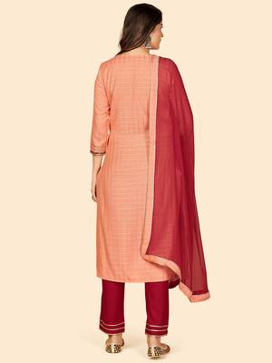 Mirror & Beads Work Straight Rayon Orange Stitched Kurta Pant With Dupatta 3
