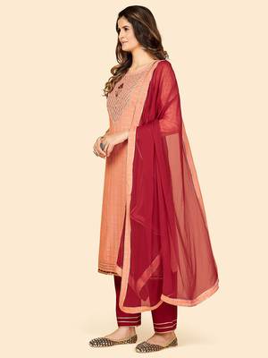 Mirror & Beads Work Straight Rayon Orange Stitched Kurta Pant With Dupatta 4