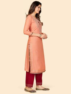 Mirror & Beads Work Straight Rayon Orange Stitched Kurta Pant With Dupatta 5