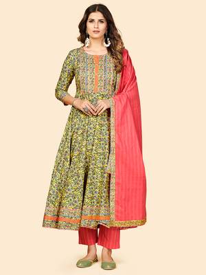 Printed & Sequience Work Anarkali Cotton Yellow Stitched Kurta Pant With Dupatta 1