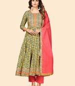 Printed & Sequience Work Anarkali Cotton Yellow Stitched Kurta Pant With Dupatta