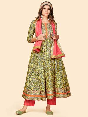 Printed & Sequience Work Anarkali Cotton Yellow Stitched Kurta Pant With Dupatta 2