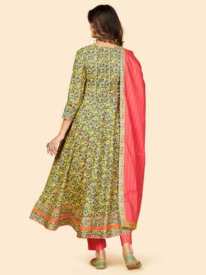 Printed & Sequience Work Anarkali Cotton Yellow Stitched Kurta Pant With Dupatta 3
