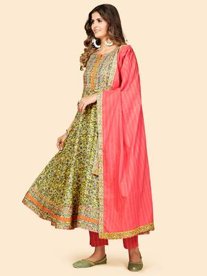 Printed & Sequience Work Anarkali Cotton Yellow Stitched Kurta Pant With Dupatta 4