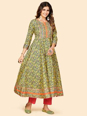 Printed & Sequience Work Anarkali Cotton Yellow Stitched Kurta Pant With Dupatta 5