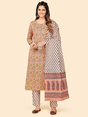 Printed & Sequience Work Straight Cotton Beige Stitched Kurta Pant With Dupatta 1