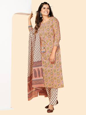 Printed & Sequience Work Straight Cotton Beige Stitched Kurta Pant With Dupatta 2