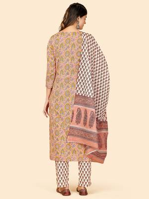 Printed & Sequience Work Straight Cotton Beige Stitched Kurta Pant With Dupatta 3
