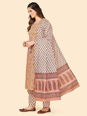 Printed & Sequience Work Straight Cotton Beige Stitched Kurta Pant With Dupatta 4