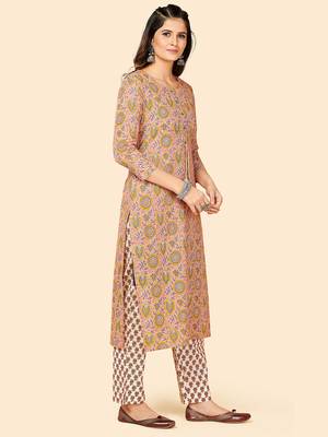 Printed & Sequience Work Straight Cotton Beige Stitched Kurta Pant With Dupatta 5