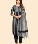Printed & Embroidered Straight Cotton Black Stitched Kurta Pant With Dupatta