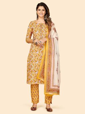 Printed & Sequience Work Straight Cotton Yellow Stitched Kurta Pant With Dupatta 1