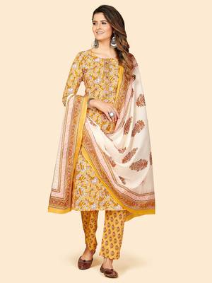 Printed & Sequience Work Straight Cotton Yellow Stitched Kurta Pant With Dupatta 2