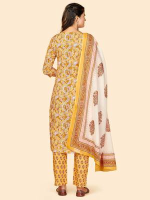Printed & Sequience Work Straight Cotton Yellow Stitched Kurta Pant With Dupatta 3