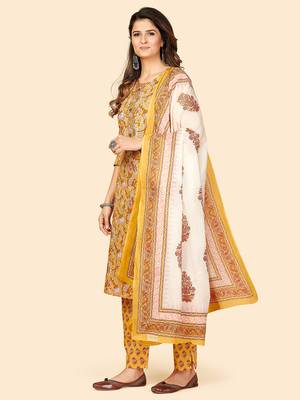Printed & Sequience Work Straight Cotton Yellow Stitched Kurta Pant With Dupatta 4
