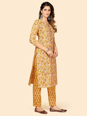 Printed & Sequience Work Straight Cotton Yellow Stitched Kurta Pant With Dupatta 5