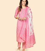 Printed & Embroidered Straight Cotton Light Pink Stitched Kurta Pant With Dupatta