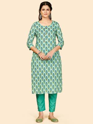Printed & Hand Work Straight Cotton Turquoise Stitched Kurta With Pant 1