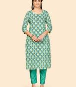 Printed & Hand Work Straight Cotton Turquoise Stitched Kurta With Pant