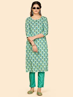 Printed & Hand Work Straight Cotton Turquoise Stitched Kurta With Pant 2