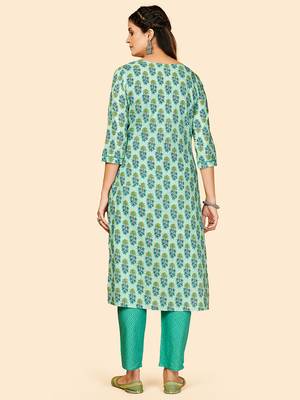 Printed & Hand Work Straight Cotton Turquoise Stitched Kurta With Pant 3