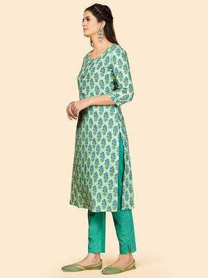 Printed & Hand Work Straight Cotton Turquoise Stitched Kurta With Pant 4