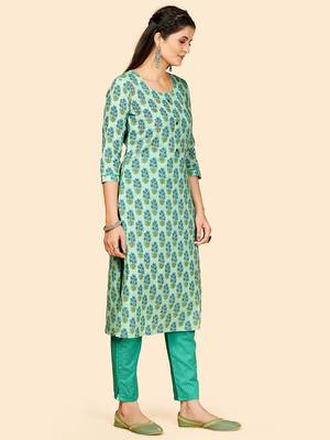 Printed & Hand Work Straight Cotton Turquoise Stitched Kurta With Pant 5