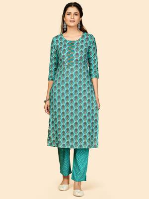 Printed & Hand Work Straight Cotton Turquoise Stitched Kurta With Pant 1