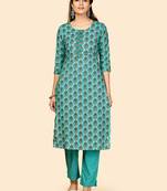 Printed & Hand Work Straight Cotton Turquoise Stitched Kurta With Pant