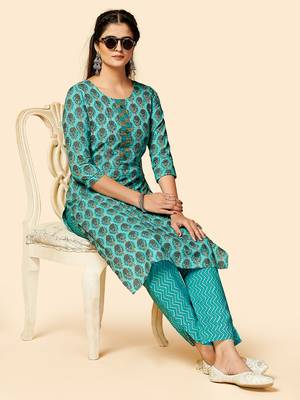 Printed & Hand Work Straight Cotton Turquoise Stitched Kurta With Pant 2