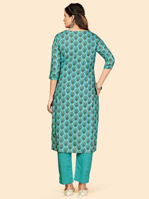 Printed & Hand Work Straight Cotton Turquoise Stitched Kurta With Pant 3