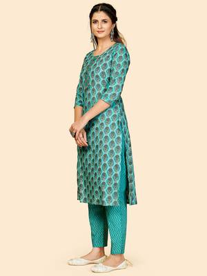 Printed & Hand Work Straight Cotton Turquoise Stitched Kurta With Pant 4